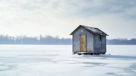 Ice fishing hut on a frozen lakeの素材