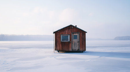 Ice fishing hut on a frozen lakeの素材