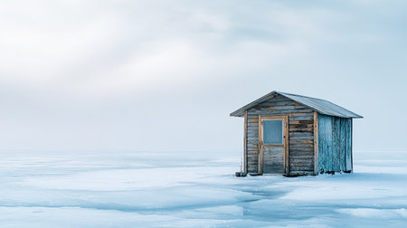 Ice fishing hut on a frozen lakeの素材