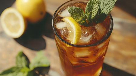 Iced tea with mint leaves and a lemon wedgeの素材
