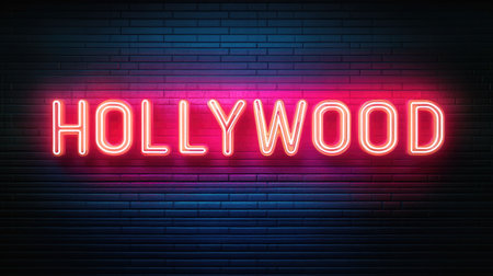 Neon sign with the word "HOLLYWOOD"の素材