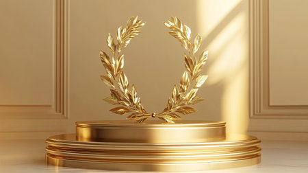 Golden podium with a laurel wreath on topの素材