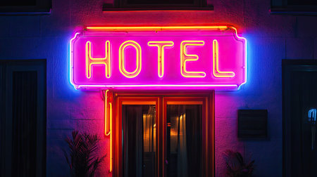 Neon sign with the word "HOTEL"の素材