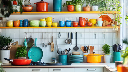 Kitchen with colorful dishware and kitchen utensils -の素材