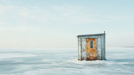 Ice fishing hut on a frozen lakeの素材