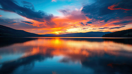 Orange and blue sunset over a lakeの素材