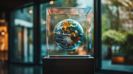 A modern glass display case with Planet Earth floating inside, showcasing the importance of protecting the planet for future generationsの素材