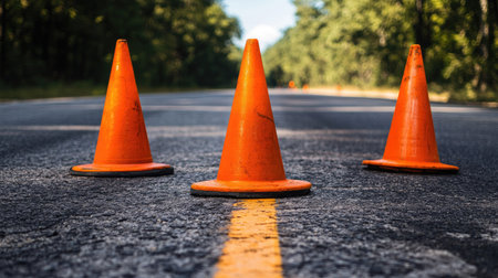 Orange construction cones on a roadの素材