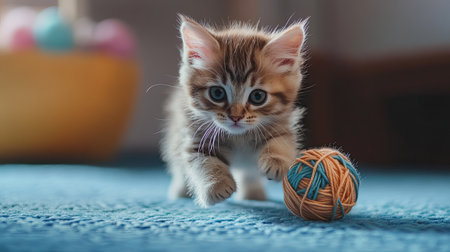Playful kitten chasing a ball of yarnの素材