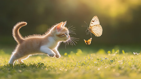 Playful kitten chasing a butterflyの素材