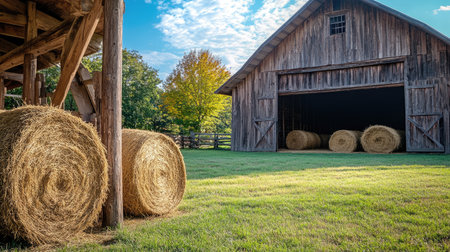 Rustic barn with hay bales and wooden beamsの素材