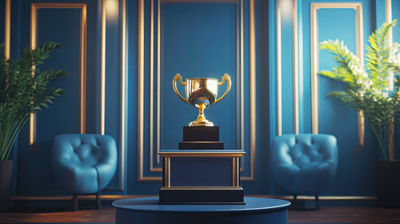 Podium with a first place trophy on itの素材