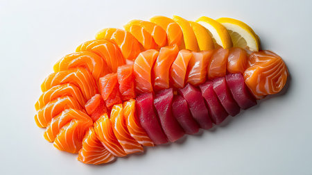Salmon sashimi arranged in a rainbow patternの素材