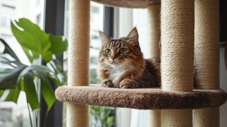 A cat condo made from natural wood and sisal rope, offering a rustic yet functional space for cats to climb and scratchの素材