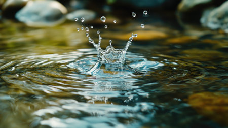 A close-up of a splash of water from a stone being dropped into a pond, with ripples spreading outwardsの素材
