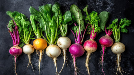 Variety of turnips with different colors and shapesの素材