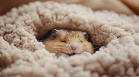 Tiny hamster napping in a cozy bedの素材