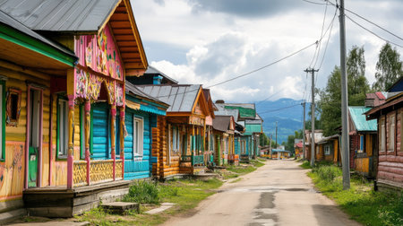 Traditional wooden houses with colorful facades in a small villageの素材