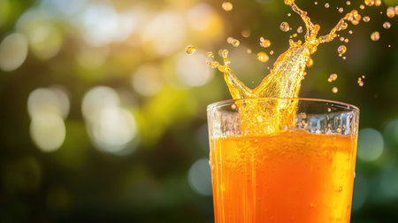 A close-up of a splash of fruit juice in a glass with a blurred summer backgroundの素材