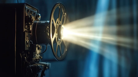 A close-up of an old-fashioned film projector casting light, symbolizing the magic of movies and cinematic experiencesの素材