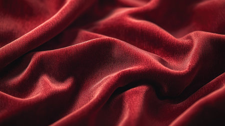 A close-up of soft velvety fabric in a deep red, with light and shadows enhancing its rich texture and depthの素材