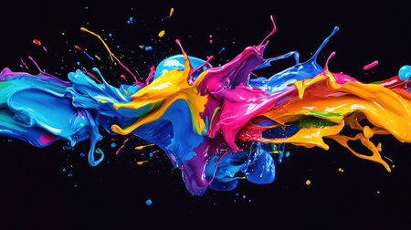 A colorful splash of paint in mid-air with vivid hues creating a dynamic artistic effectの素材