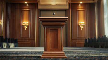 An elegant wooden podium with a microphone and a podium cover in a formal event hallの素材