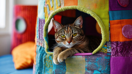 A colorful cat condo with bright fabric and fun textures, designed to stimulate a cat's senses and encourage playの素材