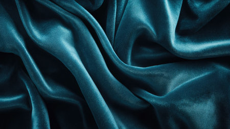 A close-up of velvety fabric in a deep teal color, with soft folds creating a luxurious and smooth appearanceの素材