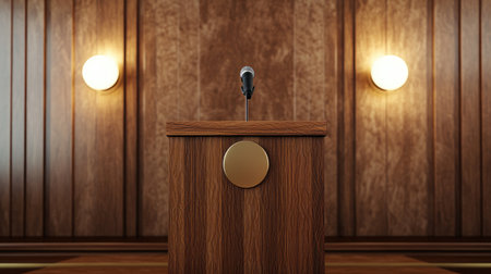 An elegant wooden podium with a microphone and a podium cover in a formal event hallの素材