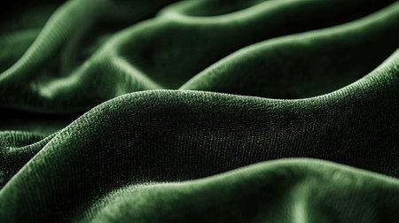 A close-up of velvety fabric in a deep forest green, with light highlighting the smooth and soft textureの素材