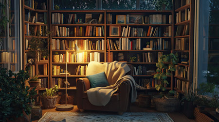 A cozy reading nook interior with a comfortable chair, soft lighting, and shelves filled with booksの素材