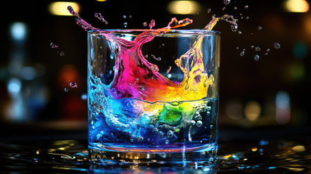 A dynamic splash of color in a glass of water with bright hues swirling togetherの素材