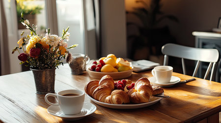 A wooden dining table with a casual breakfast setup, featuring croissants, fruit, and coffee cupsの素材