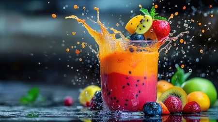 A high-speed splash of a fruit smoothie with vibrant colors and fresh fruit in the backgroundの素材