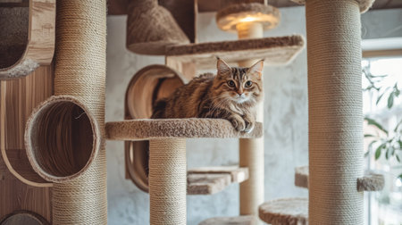 A handcrafted cat condo with natural wood elements, blending aesthetics with functionality for a cat-friendly environmentの素材