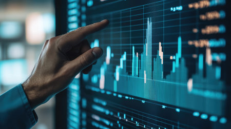 A financial advisor pointing at an investment chart with rising bars, discussing successful investment strategiesの素材
