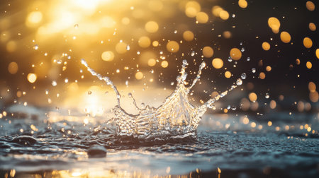 A dramatic splash of water with sunlight glistening off the droplets, creating a magical effectの素材