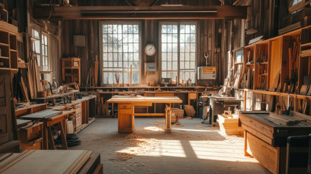 A woodworking studio with tools, sawdust, and half-finished furniture, representing the hands-on work of carpentryの素材