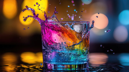 A dynamic splash of color in a glass of water with bright hues swirling togetherの素材