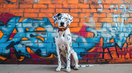 Dalmatian posing in front of a brick wall with graffiti artの素材
