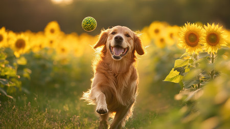 Golden Retriever playing fetch in a field of sunflowersの素材