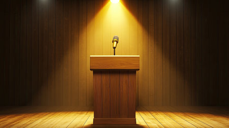 A wooden podium with a gold microphone and a spotlight shining on it in a grand auditoriumの素材