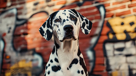 Dalmatian posing in front of a brick wall with graffiti artの素材