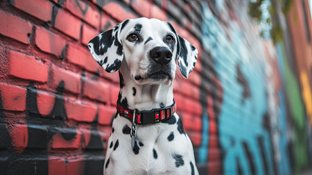 Dalmatian posing in front of a brick wall with graffiti artの素材