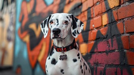 Dalmatian posing in front of a brick wall with graffiti artの素材