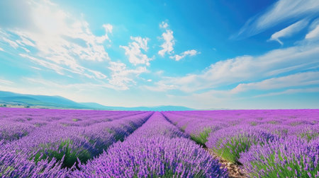 Lavender field in full bloom under a bright blue skyの素材