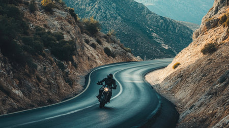 Mountain road with a motorcycle rider navigating a sharp turnの素材