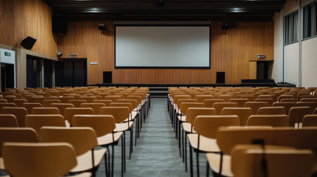 Rows of empty chairs facing a large screen in a seminar hall, natural lighting and minimalist designの素材