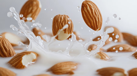 Whole almonds falling into milk, splash and movement, high-speed capture, healthy snack, white backgroundの素材